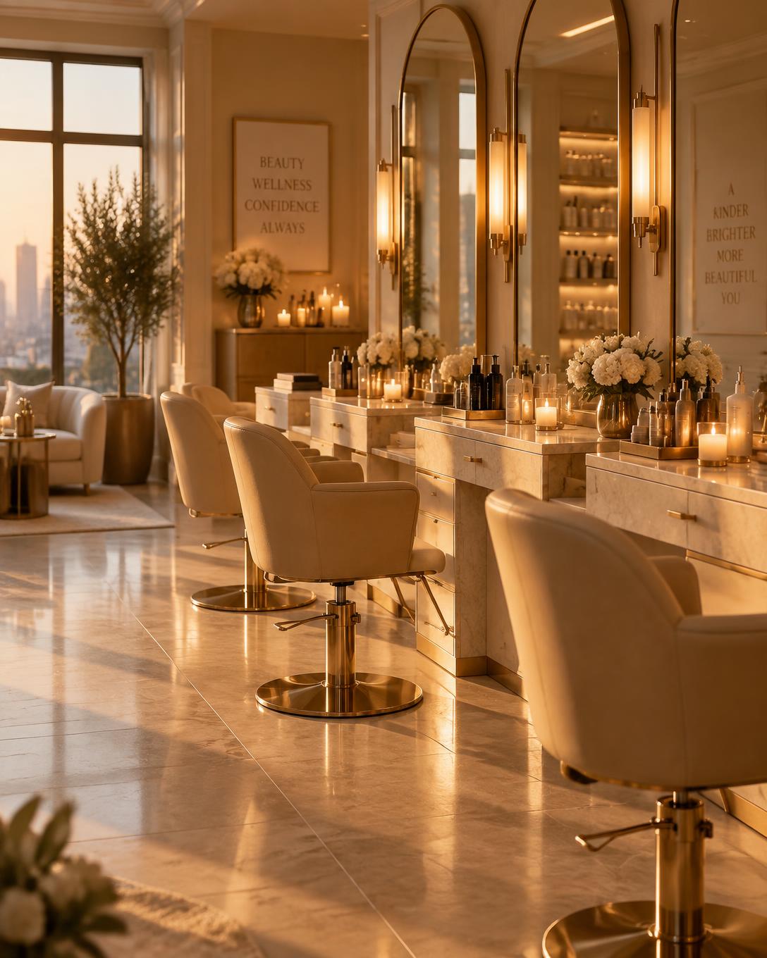 Salon interior with brass fixtures and cream marble stations